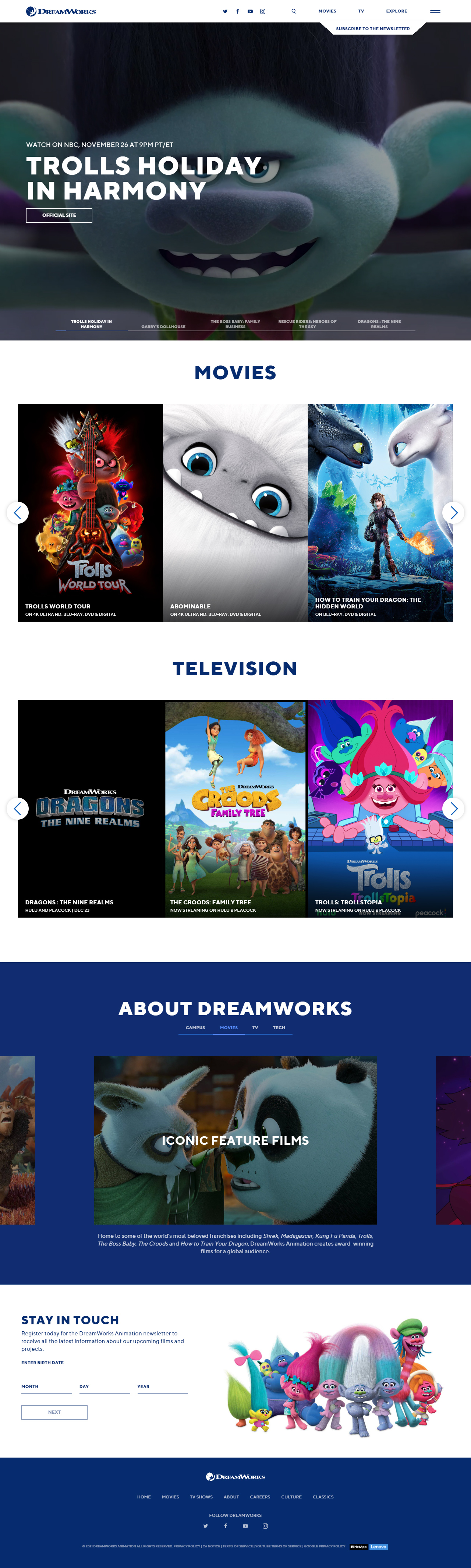 DreamWorks website in 2021