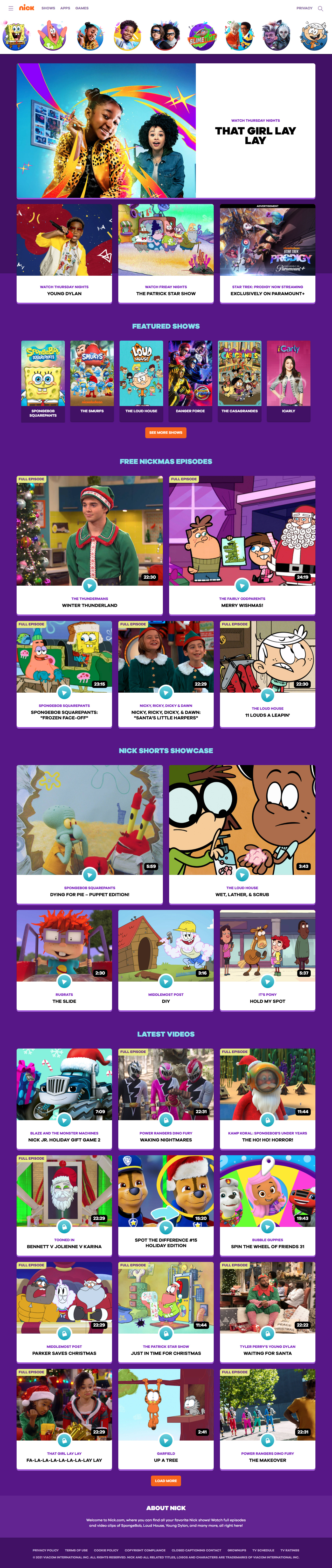 Nickelodeon website in 2021