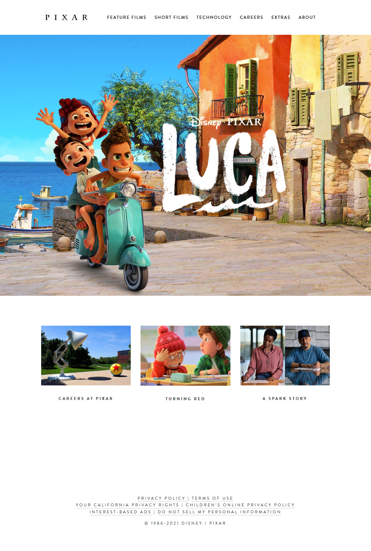 Pixar website in 2021