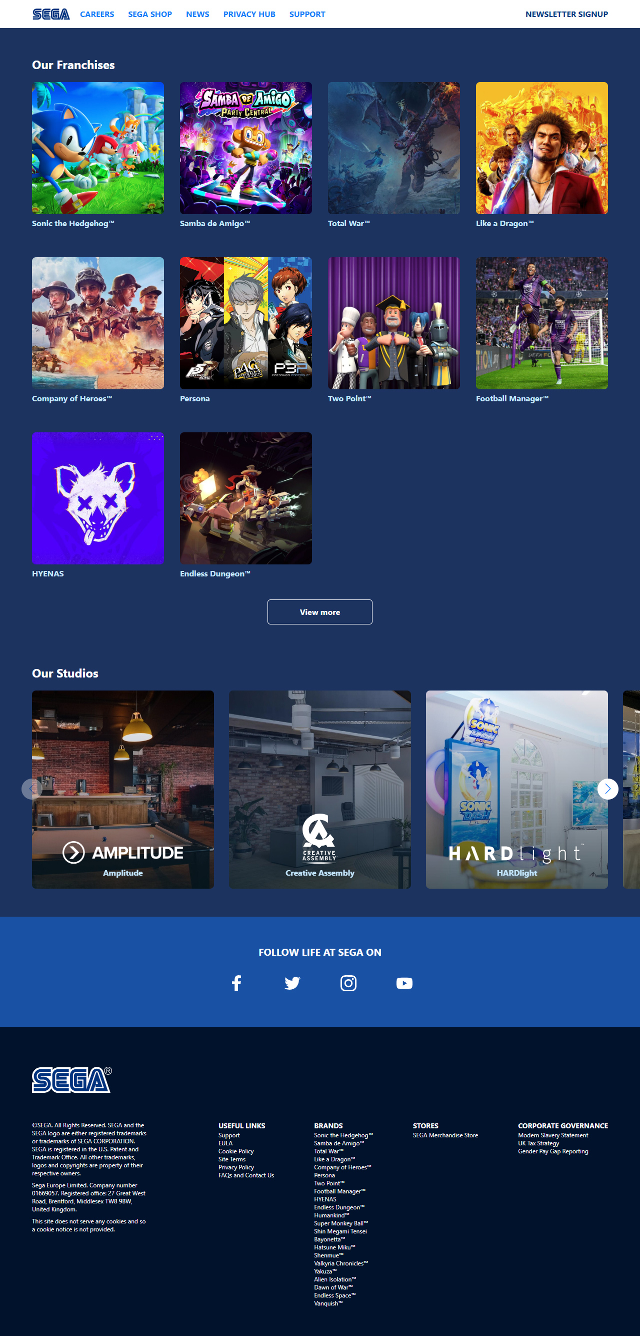 SEGA website in 2023