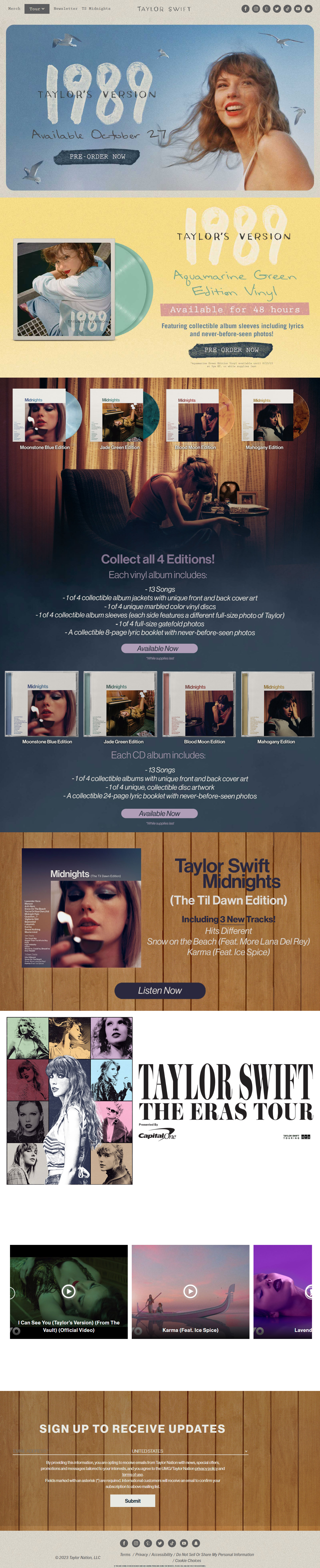 Taylor Swift website in 2023