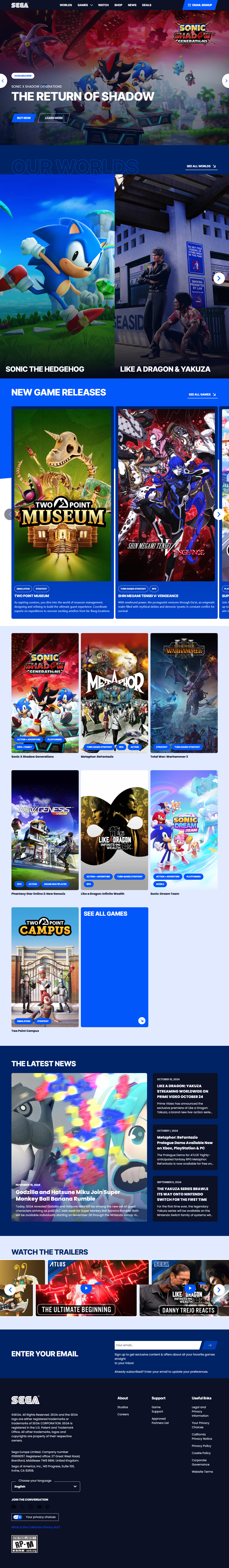 SEGA website in 2024