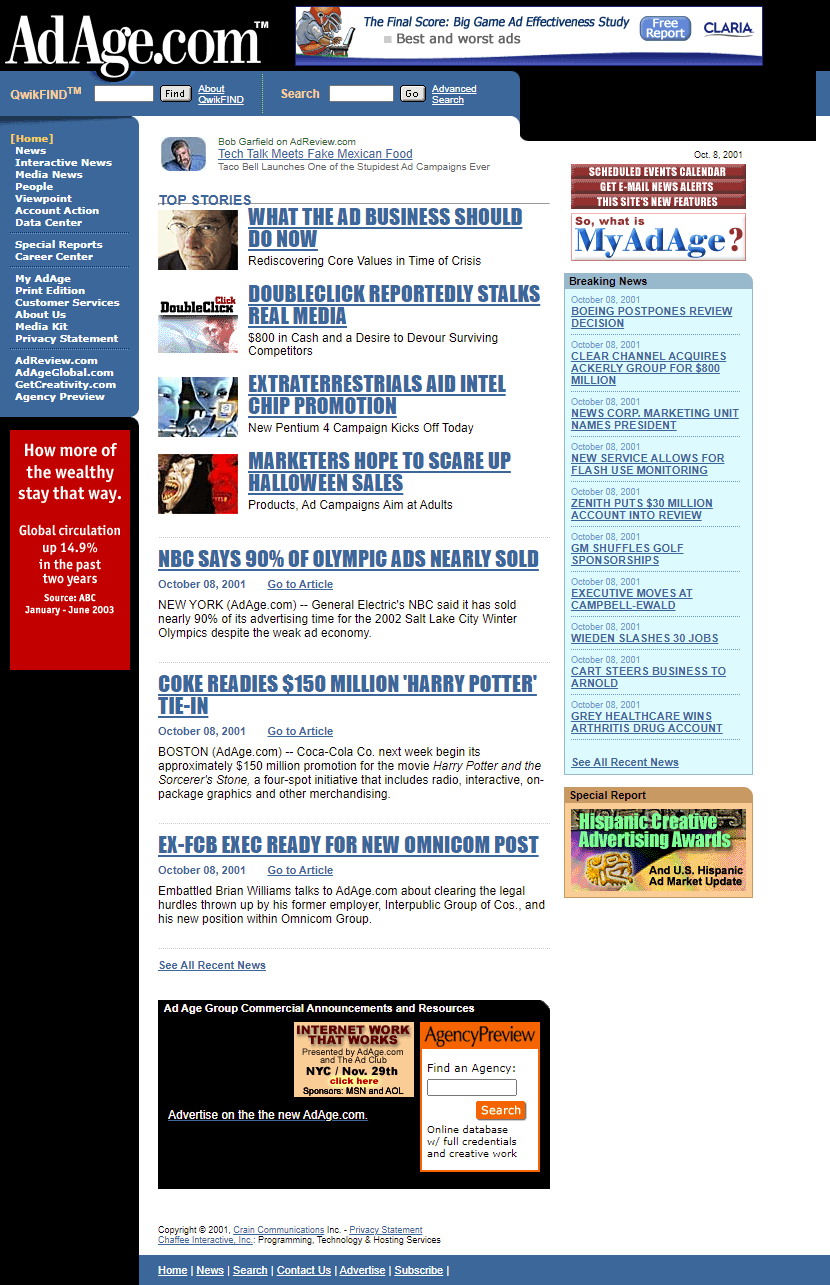 Advertising Age website in 2001