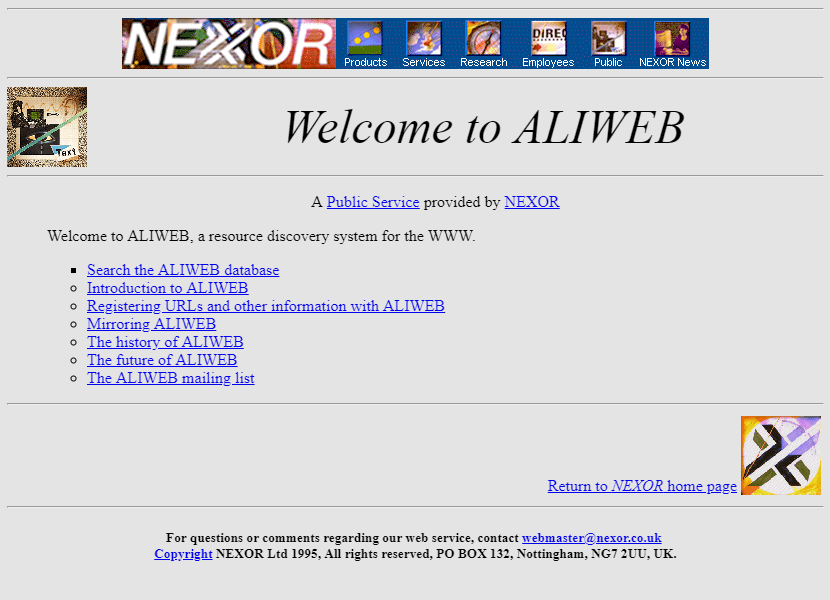 Aliweb website in 1995