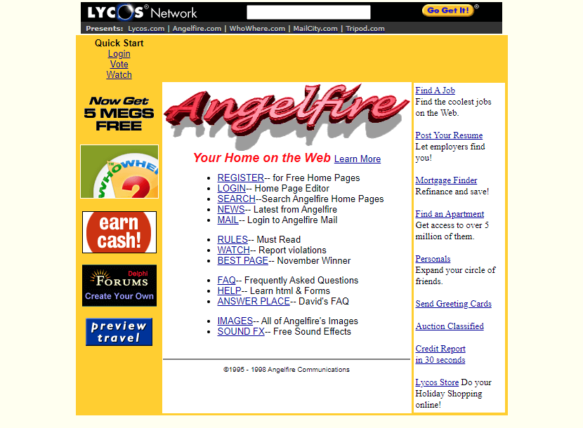 Angelfire website in 1998