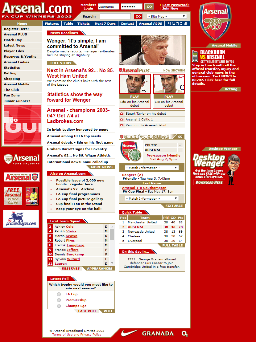 Arsenal F.C. website in 2003