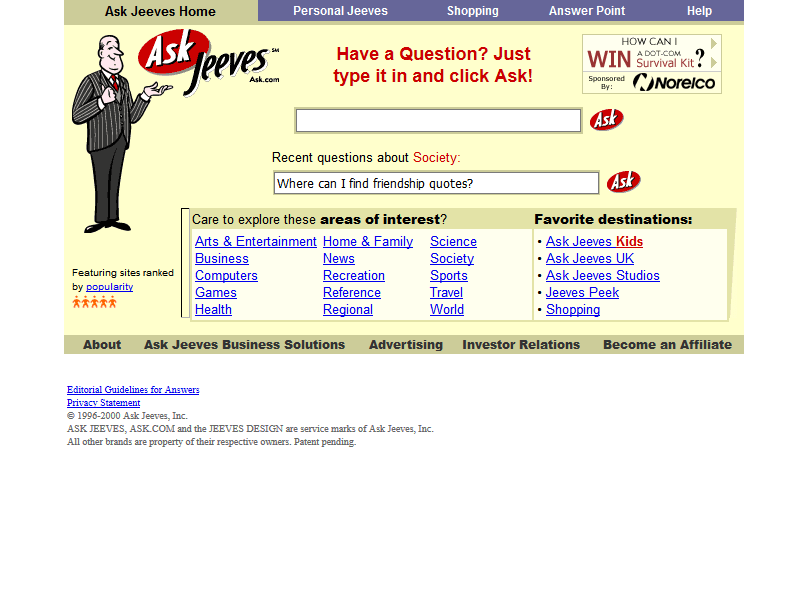 Ask Jeeves website in 2000