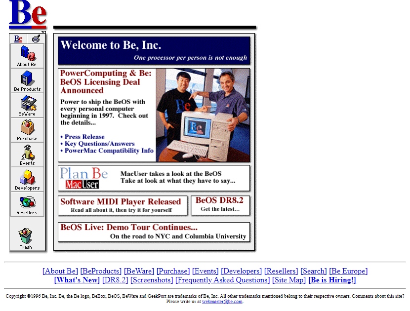 Be, Inc. website in 1996