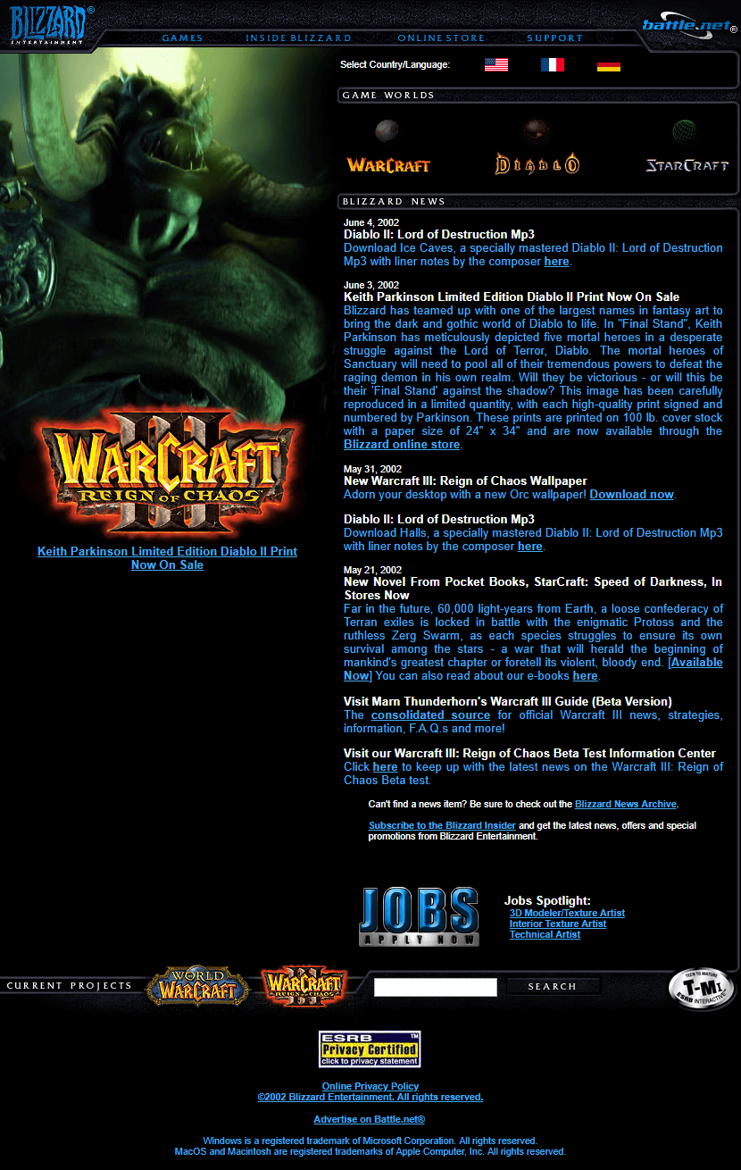 Blizzard Entertainment website in 2002