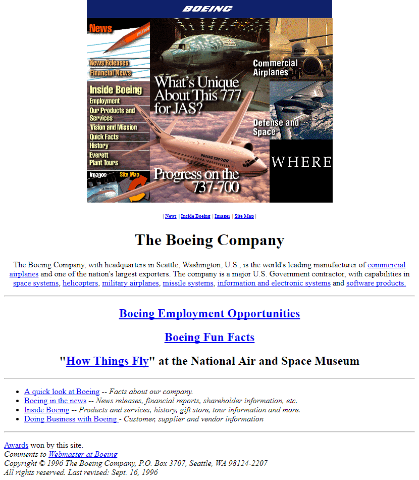 The Boeing Company website in 1996