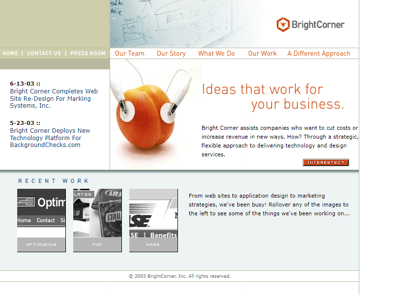 Bright Corner website in 2003