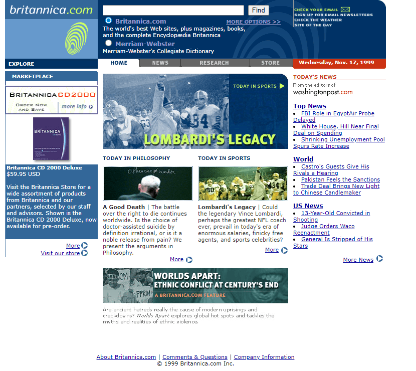 Britannica website in 1999