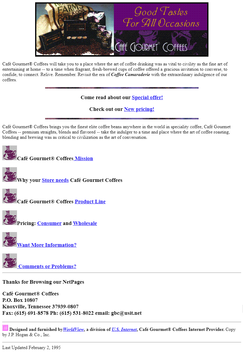 Café Gourmet Coffees website in 1995