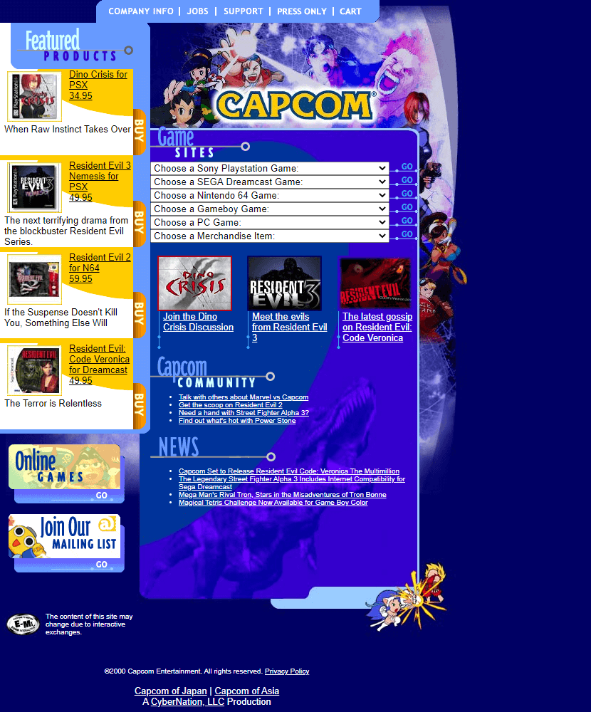 CAPCOM website in 2000