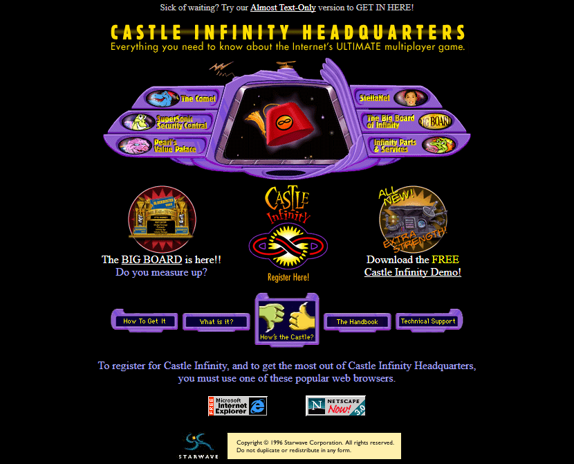 Castle Infinity Headquarters website in 1996