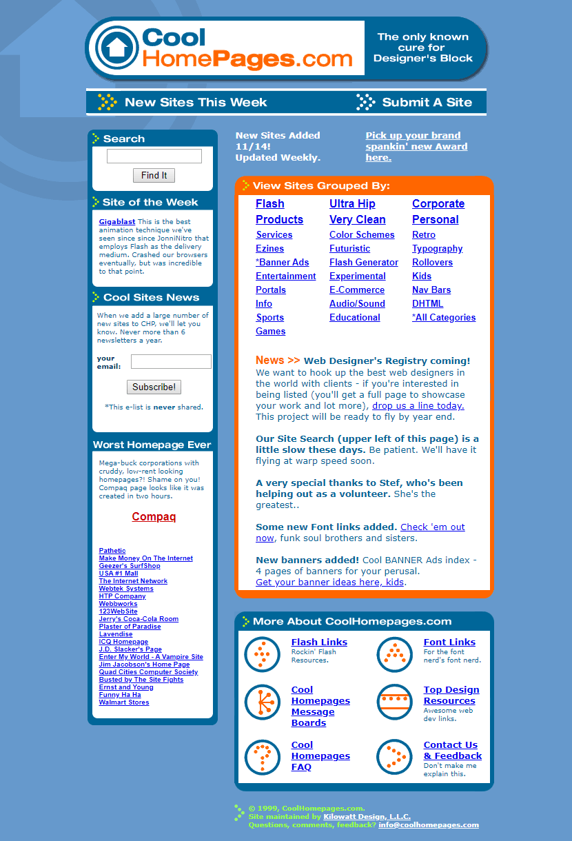 CoolHomepages in 1999