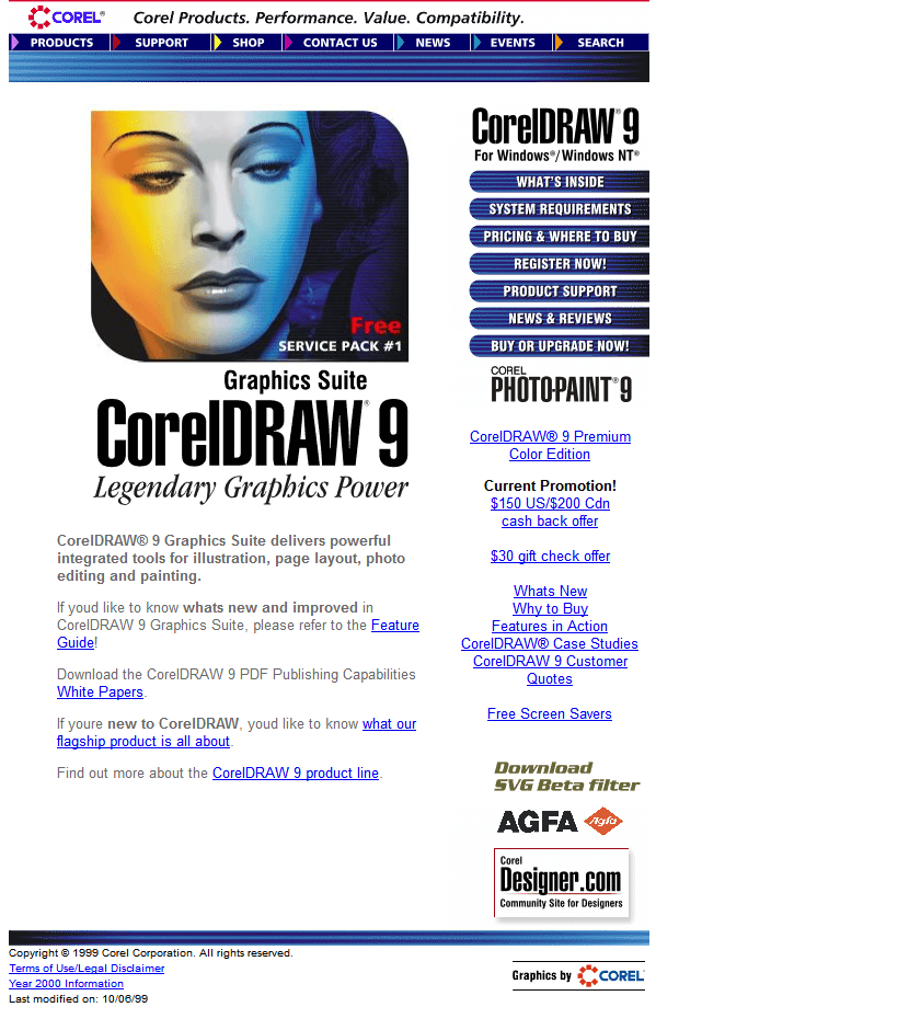 CorelDRAW website in 1999