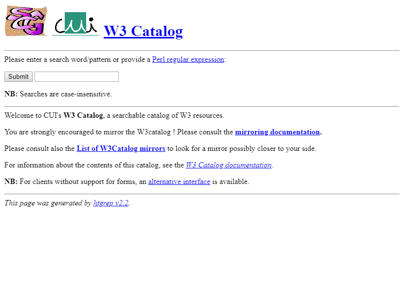 CUI W3 Catalog website in 1995