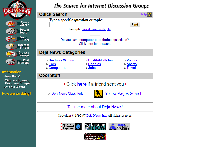Deja News website in 1997