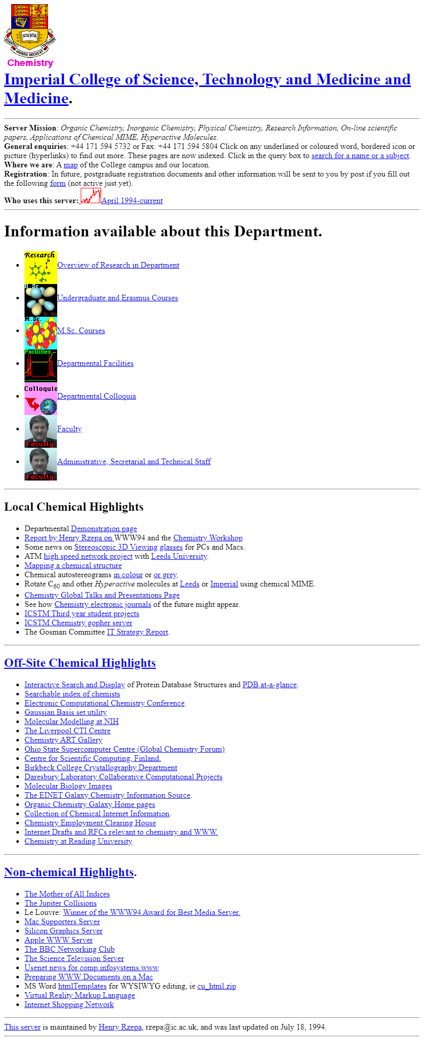 Department of Chemistry, Imperial College website in 1994