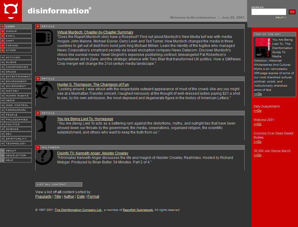 Disinformation website in 2001
