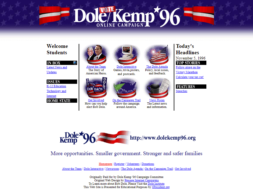 Dole Kemp ’96 website in 1996