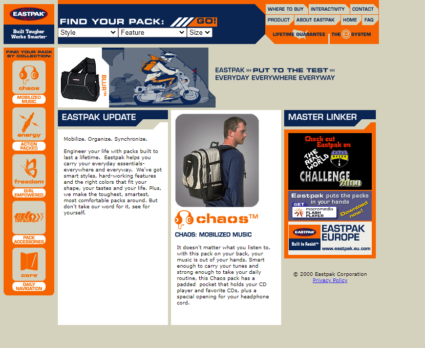 Eastpak website in 2000