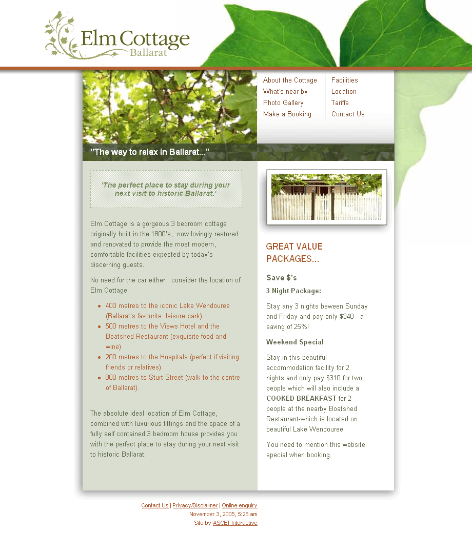 Elm Cottage website in 2005