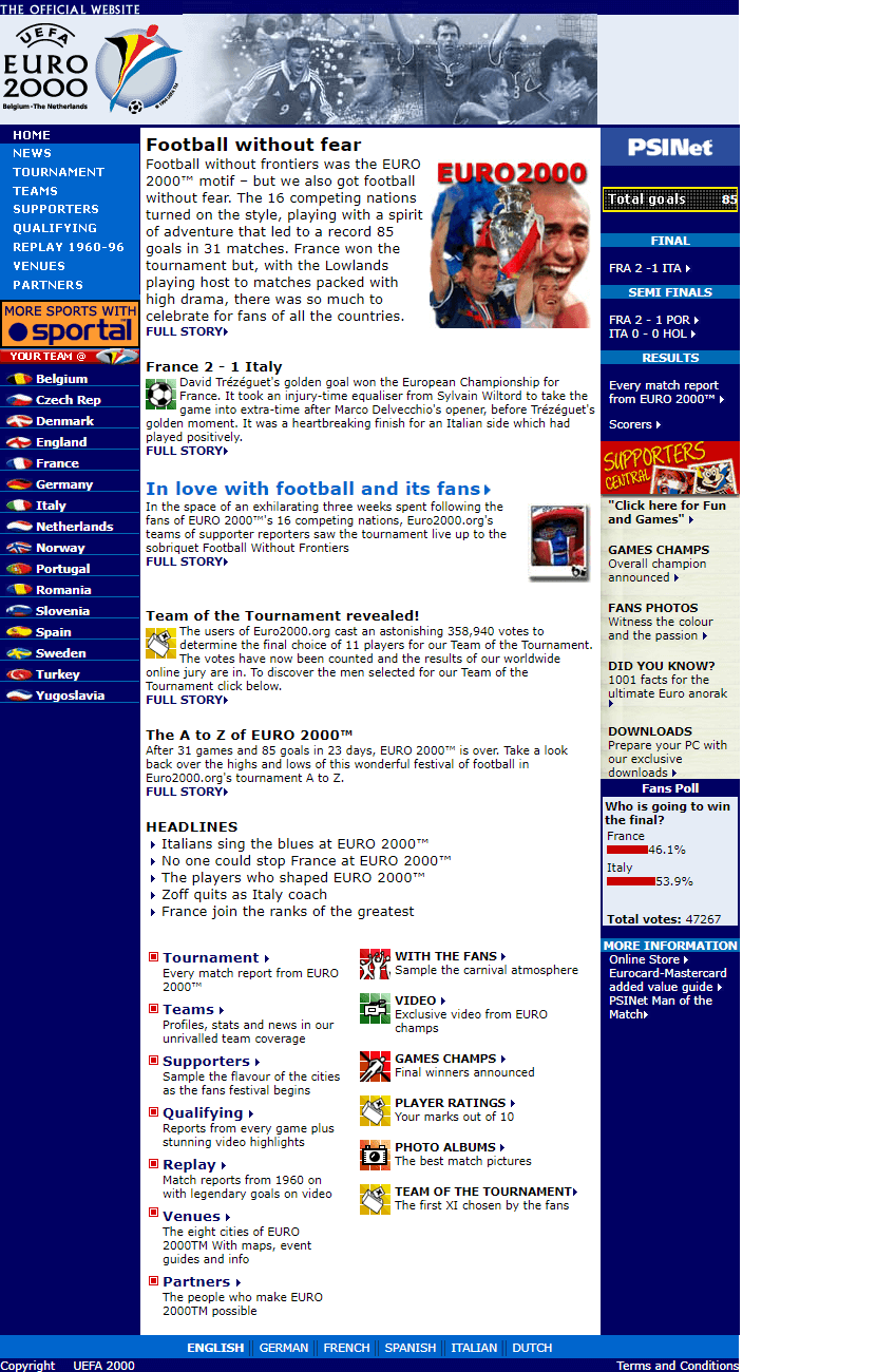 UEFA Euro website in 2000