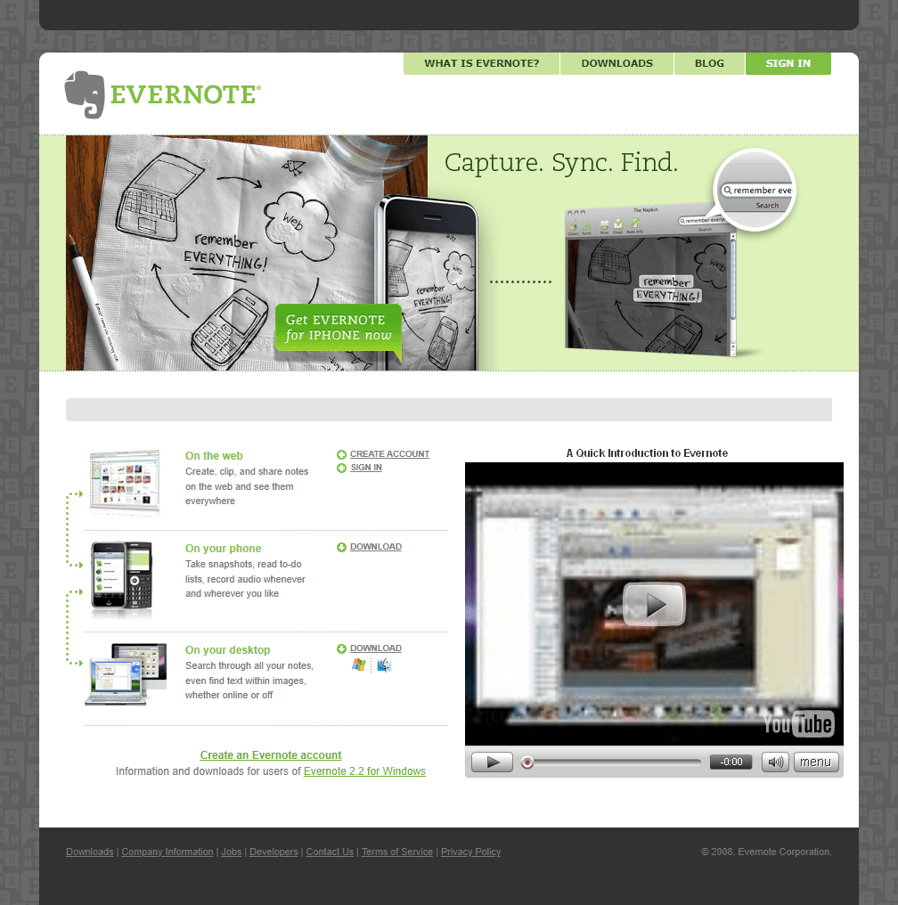 Evernote website in 2008