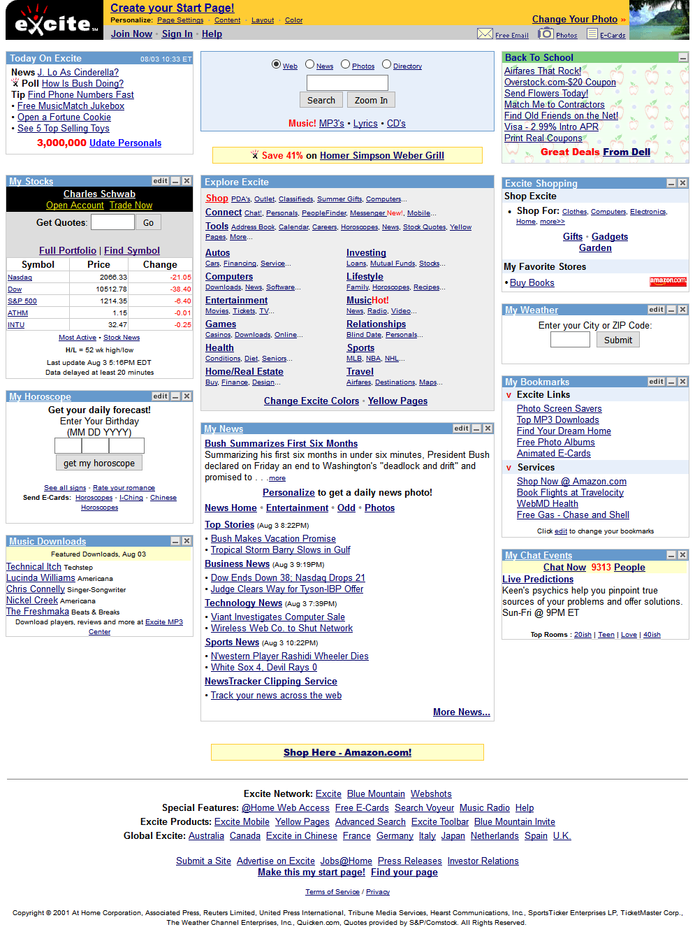Excite website in 2001