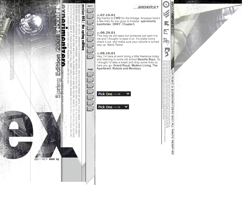 Experimentzero v.003 website in 2001