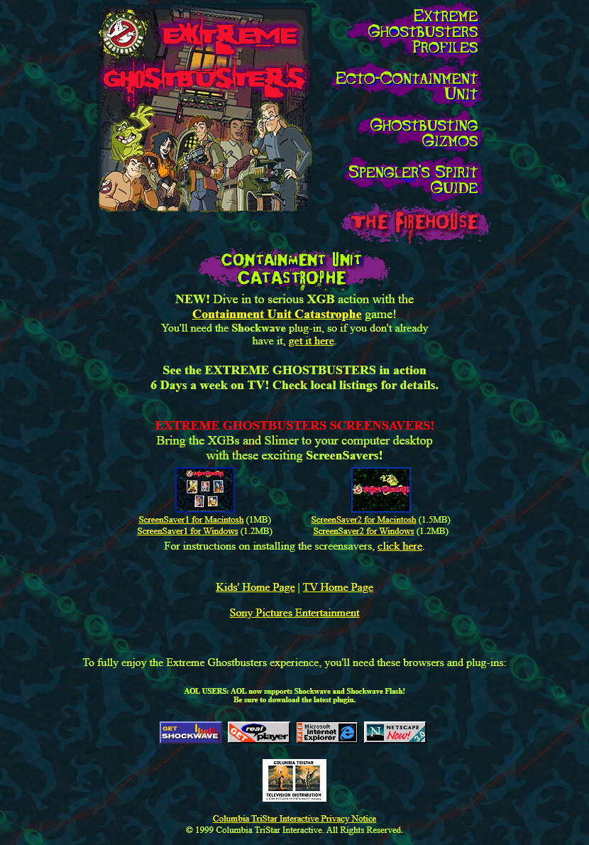 Extreme Ghostbusters website in 1999