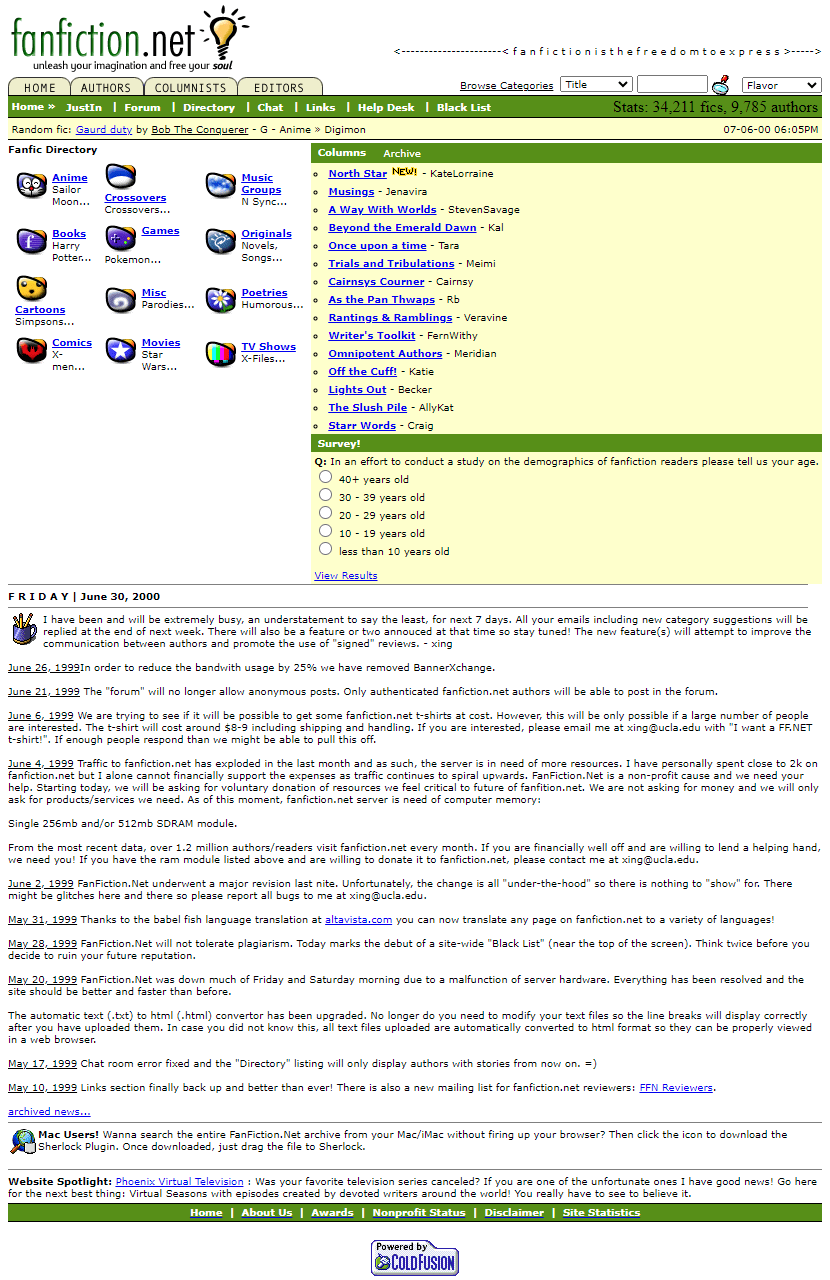 FanFiction.Net in 2000