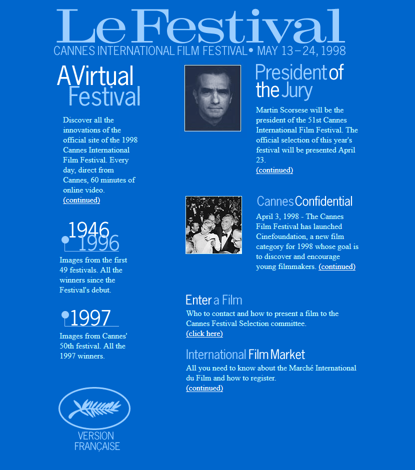 Festival de Cannes website in 1998