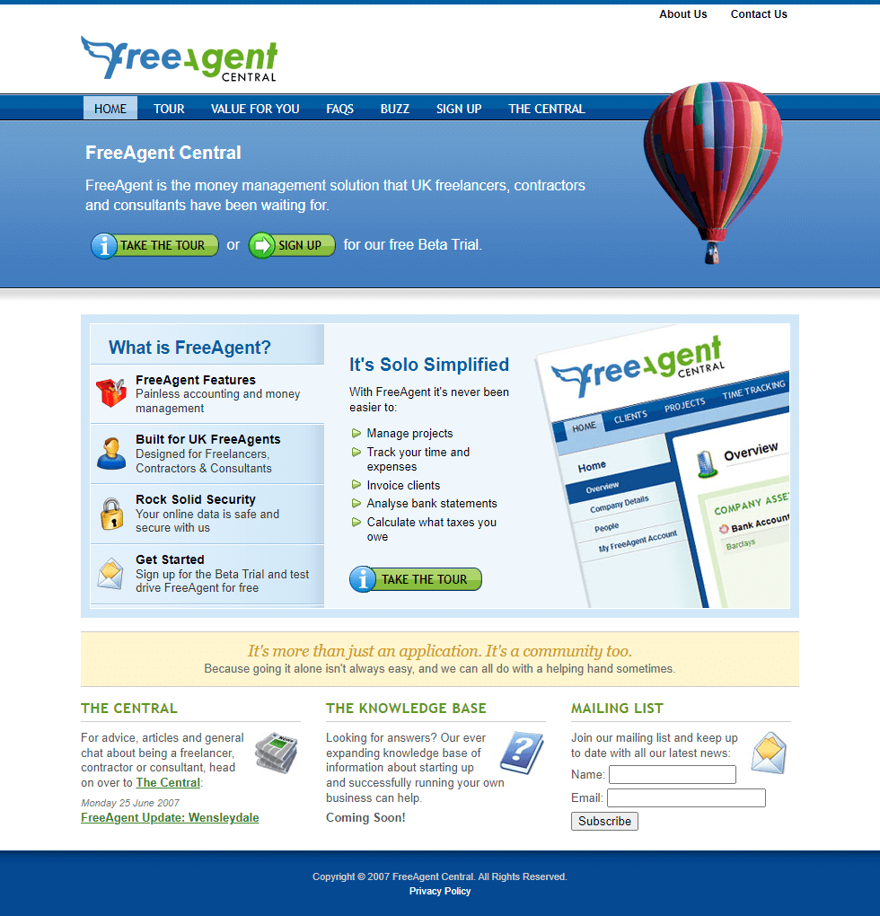 FreeAgent Central website in 2008