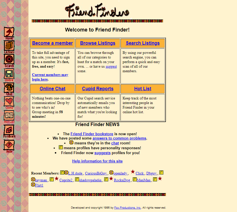 Friend Finder website in 1997