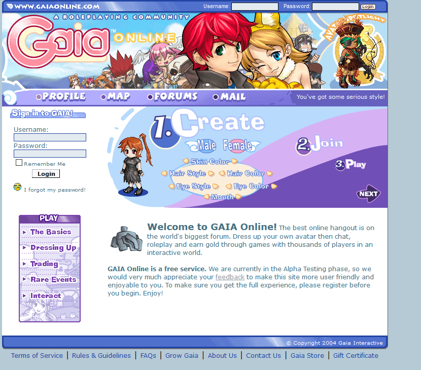 GAIA Online website in 2005