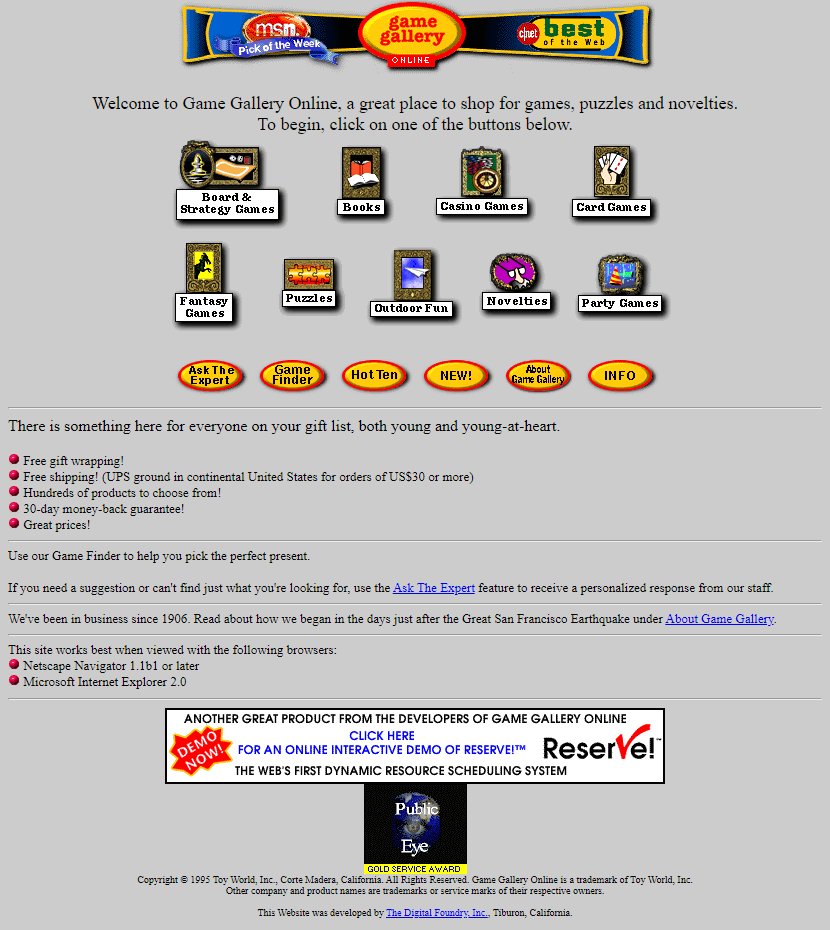 Game Gallery Online website in 1995