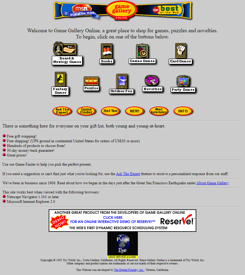 Game Gallery Online in 1995 - Web Design Museum