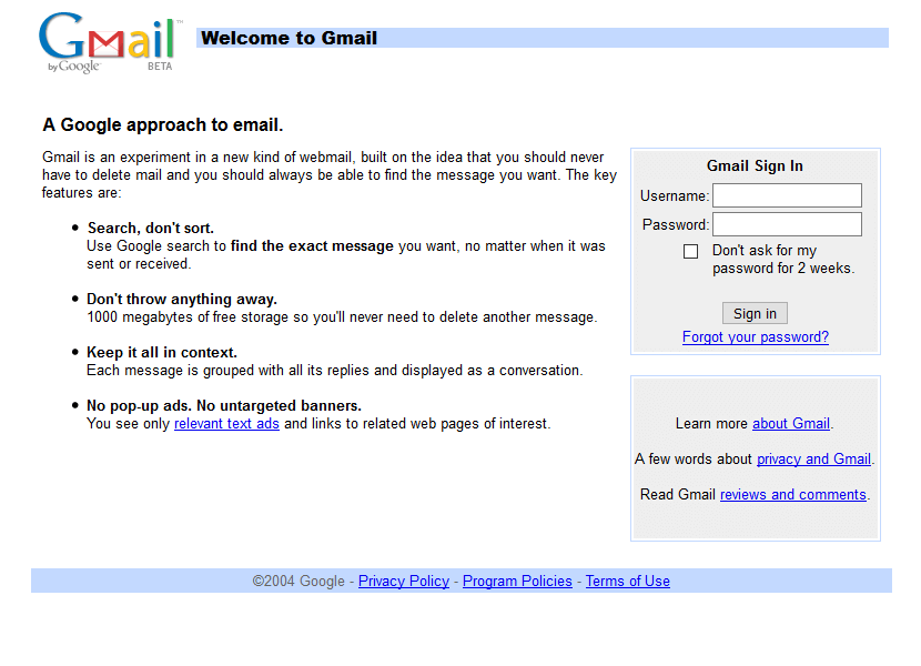 Gmail website in 2004