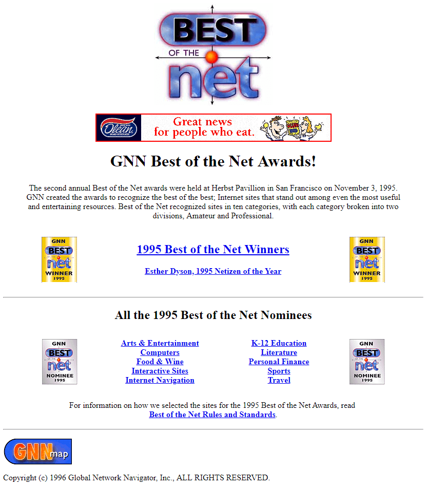 GNN Best of the Net Awards website in 1996