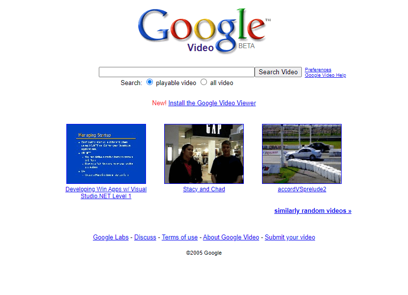 Google Video Search website in 2005