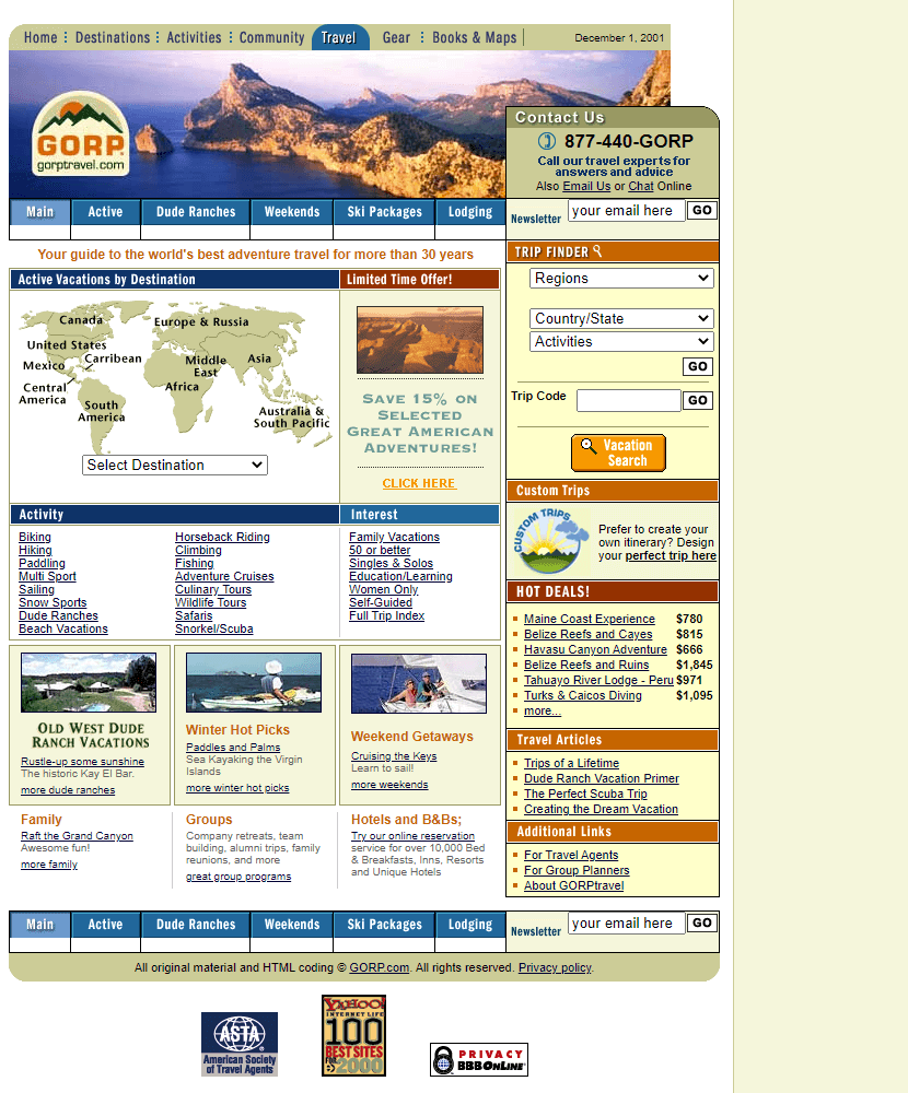 GORPtravel website in 2001