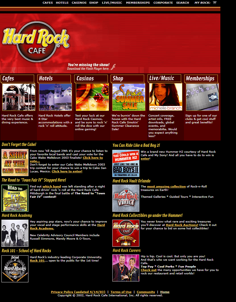 Hard Rock Cafe website in 2003