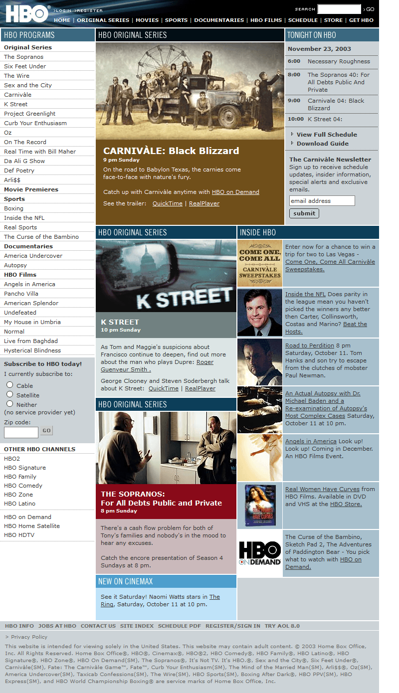 HBO website in 2003