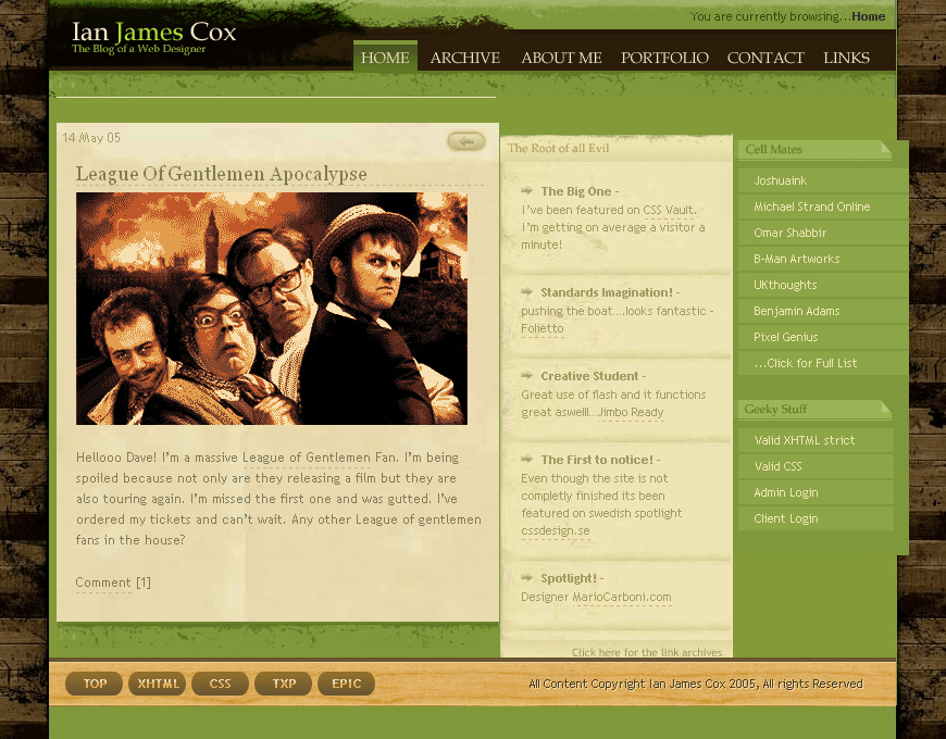 Ian James Cox website in 2005