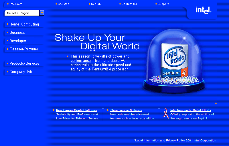 Intel website in 2001