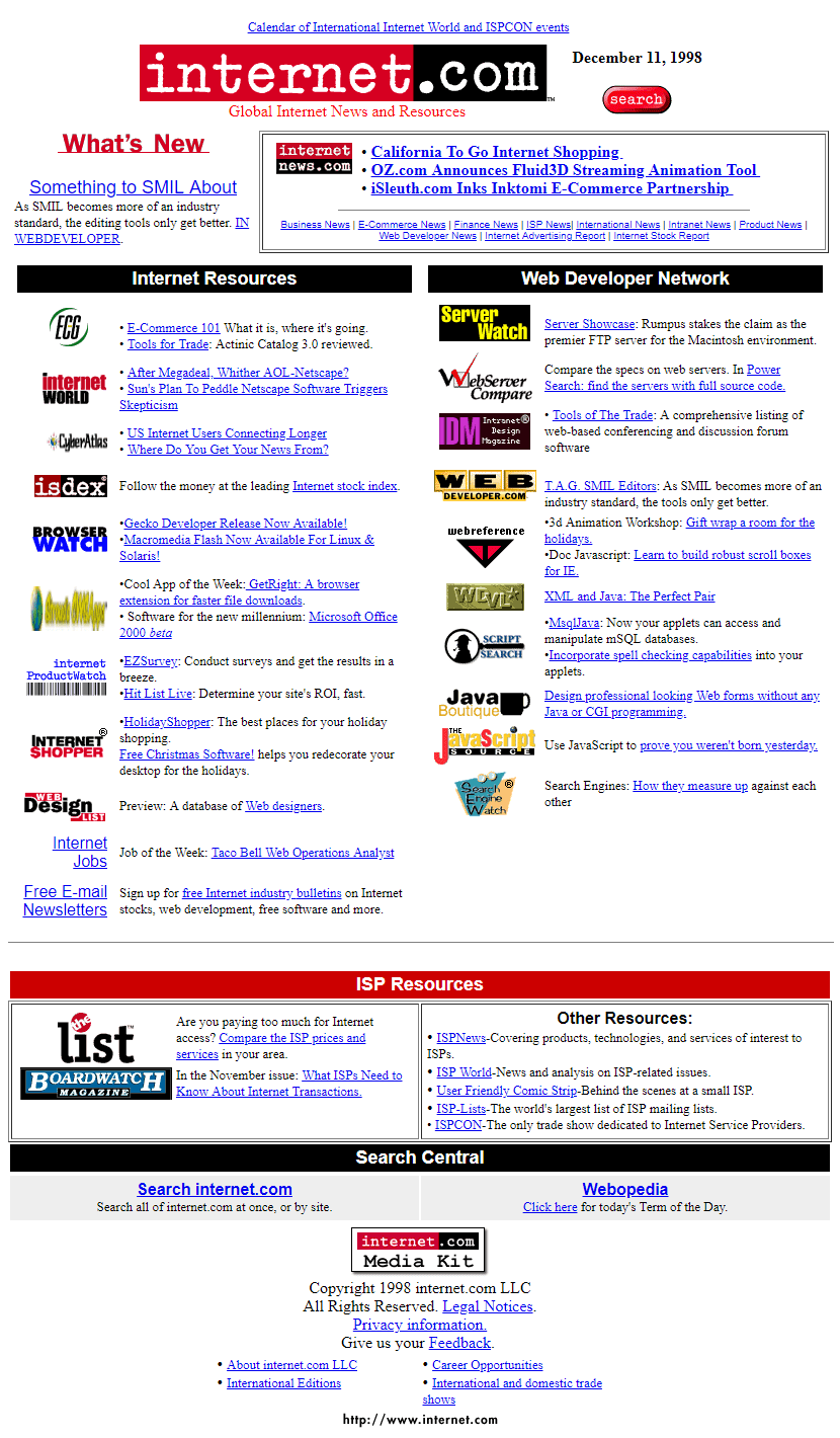 Internet.com website in 1998