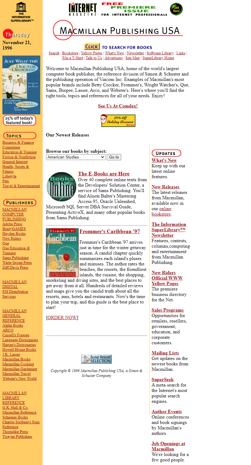 Macmillan Publishing USA website in 1996